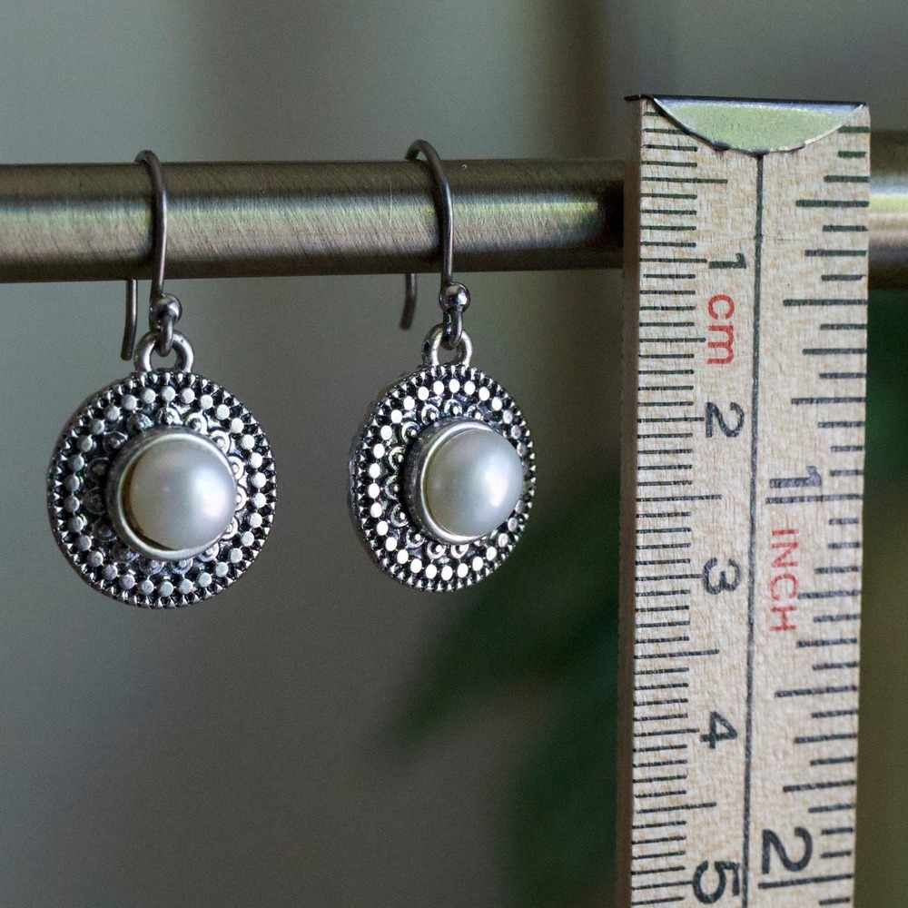 Vintage Style Silver Tone Faux Pearl Medallion Drop Fishhook Earrings Round Boho - Picture 2 of 2